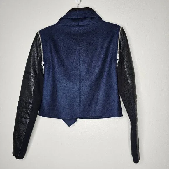 Yigal Azrouel Size 6 Blue Black Wool Lambs Leather Moto Jacket Asymmetric Zip